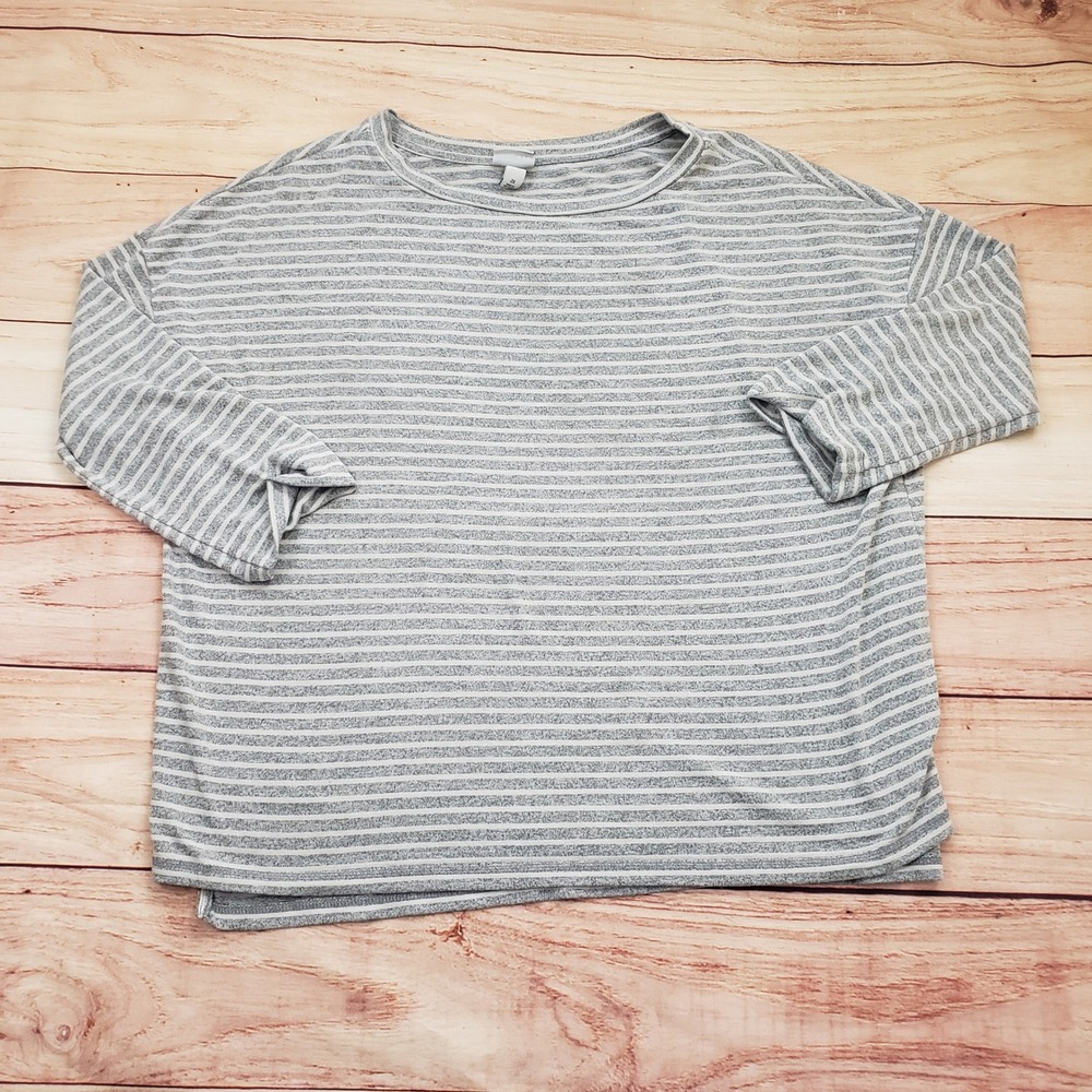 AVA & VIV Top Plus Size Women 2X Gray White Striped‎ Knit 3/4 Sleeve Round Neck